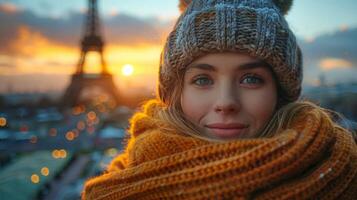 joven mujer disfruta pintoresco puesta de sol ver de el eiffel torre foto