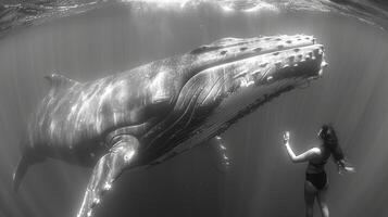 Humpback whale swims with sexy woman in the deep ocean. Black and white photo