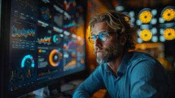 Focused Professional Analyzing Data on Multiple Screens photo