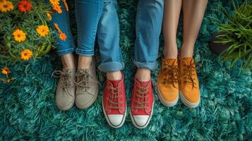 Couple Relaxing on Grass with Colorful Sneakers and Jeans photo