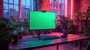 Modern Home Office with Green Screen Desktop Setup photo