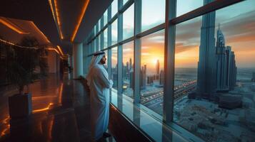 Successful Muslim Businessman Overlooking a City at Sunset photo