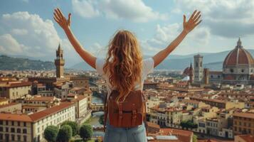 joven hembra turista abrazando florencia con abierto brazos foto