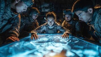 Military Team Analyzing High-Tech Battle Map in Dim Light photo