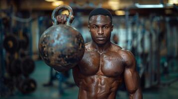 muscular hombre formación con pesas rusas en hogar gimnasio foto