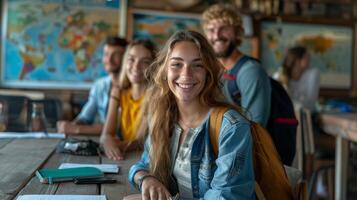 joven estudiantes sonriente en un salón de clases con mundo mapa foto