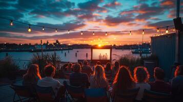 Outdoor Movie Night with Friends at Urban Rooftop Setting photo