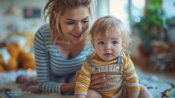 Young Mother Enjoying Playful Moments with Her Toddler at Home photo