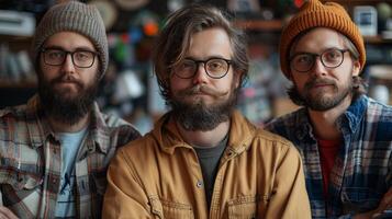 Tres hipster amigos en elegante casual vestir posando juntos foto