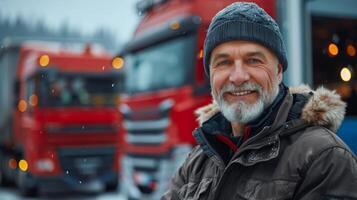 Smiling Mature Man in Winter Gear with Red Trucks in Background photo