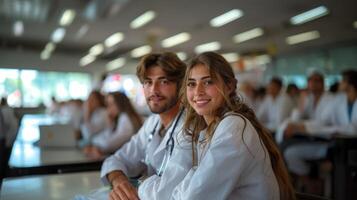 joven médico estudiantes en laboratorio abrigos colaborando en Universidad foto