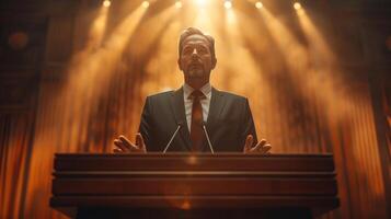 bien vestido hombre entregando habla a podio en sala foto