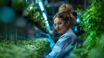 Hydroponics Engineer Examining Green Leafy Plants in Lab photo