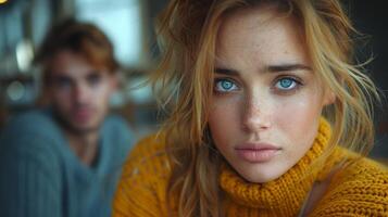 Sad Young Woman in Focus with Defocused Man in the Background photo