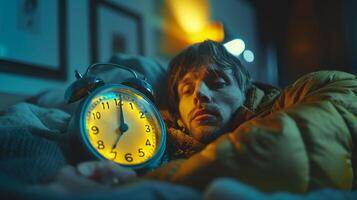 Man Waking Up to Alarm Clock Feeling Frustrated in Bed photo