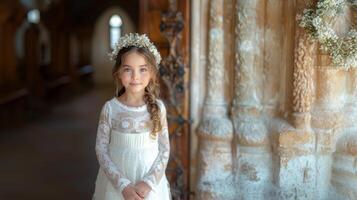 sereno pequeño niña en blanco cordón vestir con flor corona foto