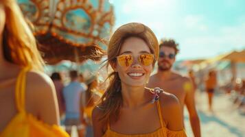 joven mujer disfrutando soleado día a vibrante diversión parque foto