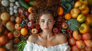 hermosa mujer rodeado por Fresco vistoso frutas y vegetales foto