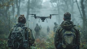 Army Engineers Operating Drone in Foggy Forest Base photo