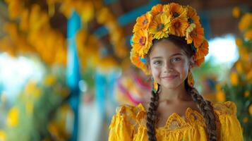 joven niña en vibrante amarillo vestir celebrando festa junina foto