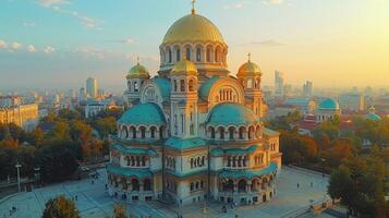 puesta de sol ver de S t. Alejandro Nevsky catedral en Sofía foto