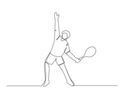 One continuous line drawing of young male badminton player hit shuttlecock with racket. Competitive sport concept. Dynamic single line draw design illustration for tournament match promotion vector