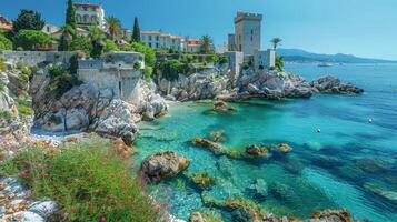Scenic Coastal Village with Historic Castle and Turquoise Sea photo