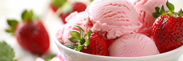 Sumptuous strawberry ice cream on blurred background with ample space for text placement photo