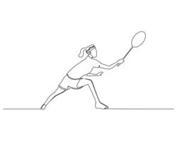 uno soltero línea dibujo de joven energético bádminton jugador defensa a tomar adversario golpear ilustración. sano deporte concepto. moderno continuo línea dibujar diseño para bádminton torneo póster vector