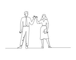 Continuous single one drawing happy male and female workers are waving hands. illustration design for business growth strategy concept. vector