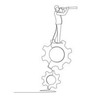 Continuous line drawing young businessmen standing on pile of cogs and looking through telescope .Technology gear solution. vector