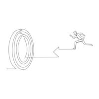 Single continuous line drawing of young businessman ride arrow symbol and flying to hit target. Smart professional manager. Minimalism concept one line draw graphic design illustration vector