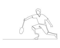 continuo línea dibujo masculino atleta jugando bádminton. hombre con protésico pierna participación raqueta tomar adversario disparo. persona con invalidez ejecutando Deportes actividad. uno línea dibujar gráfico diseño vector