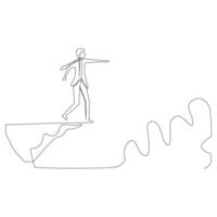 Continuous line drawing of young smart business man standing on the edge of the cliff. Business challenge and freedom concept. Modern line hand drawn graphic illustration vector