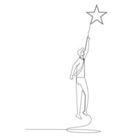 Continuous line drawing of young business man jumping to the star. Business career concept. Design illustration vector