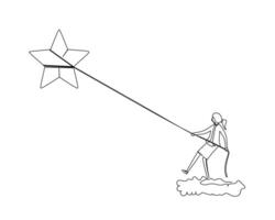 Continuous single one line businesswoman pulling a star with a rope so she can reach it. Business growth strategy concept. Design illustration vector