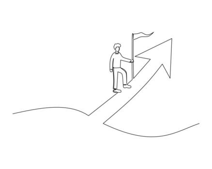 Continuous single one drawing men plant flags in the direction of arrows pointing upwards. illustration design for business growth strategy concept. vector