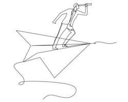 Continuous line drawing of a businessman stands on a paper plane and looks through a telescope. Business growth concept. Design illustration vector