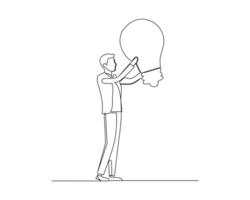 Continuous single one drawing the businessman was looking deeply into the lamp he was holding. Business growth strategy concept. Design illustration vector