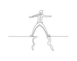 Continuous line drawing illustration of A young man crosses a cliff , bussiness concept, work hard, struggling, winner, never giveup vector