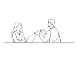 Continuous single one drawing a male worker who is explaining a problem to a female co-worker. illustration design for business growth strategy concept. vector