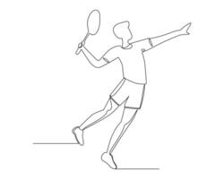 continuo línea dibujo joven ágil hombre bádminton jugador saltar y aplastar volante. bádminton torneo evento. deporte ejercicio sano concepto. uno línea dibujar gráfico diseño ilustración vector