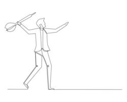 continuous line drawing of a young businessman trying to throw a drat arrow. The concept of persistence in business. vector