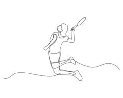 Single continuous line drawing of young agile female badminton player jump and smash the ball. Sport exercise concept. Trendy one line draw design illustration for badminton tournament concept vector