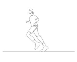 Continuous single line drawing of a man wearing a backwards hat runs casually on a straight track. Healthy sport training concept. Design illustration vector