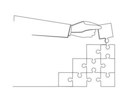 continuo soltero uno dibujo un grande mano estaba colocación el final pedazo de el rompecabezas. ilustración diseño para negocio crecimiento estrategia concepto. vector