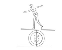 continuo línea dibujo de un hombre equilibrio en un balancín con dólar signo. negocio sobrevivir concepto vector