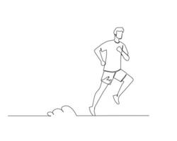 Continuous single line drawing of side view men start jogging using earphones. Healthy sport training concept. Design illustration vector