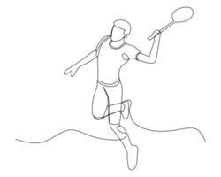 uno soltero línea dibujo de joven energético hombre bádminton jugador golpear imponente volante ilustración. sano deporte concepto. moderno continuo línea dibujar diseño para bádminton torneo póster vector