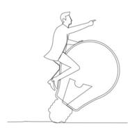 Continuous line drawing of young business man riding the light and pointing to the goal. Business growth concept vector